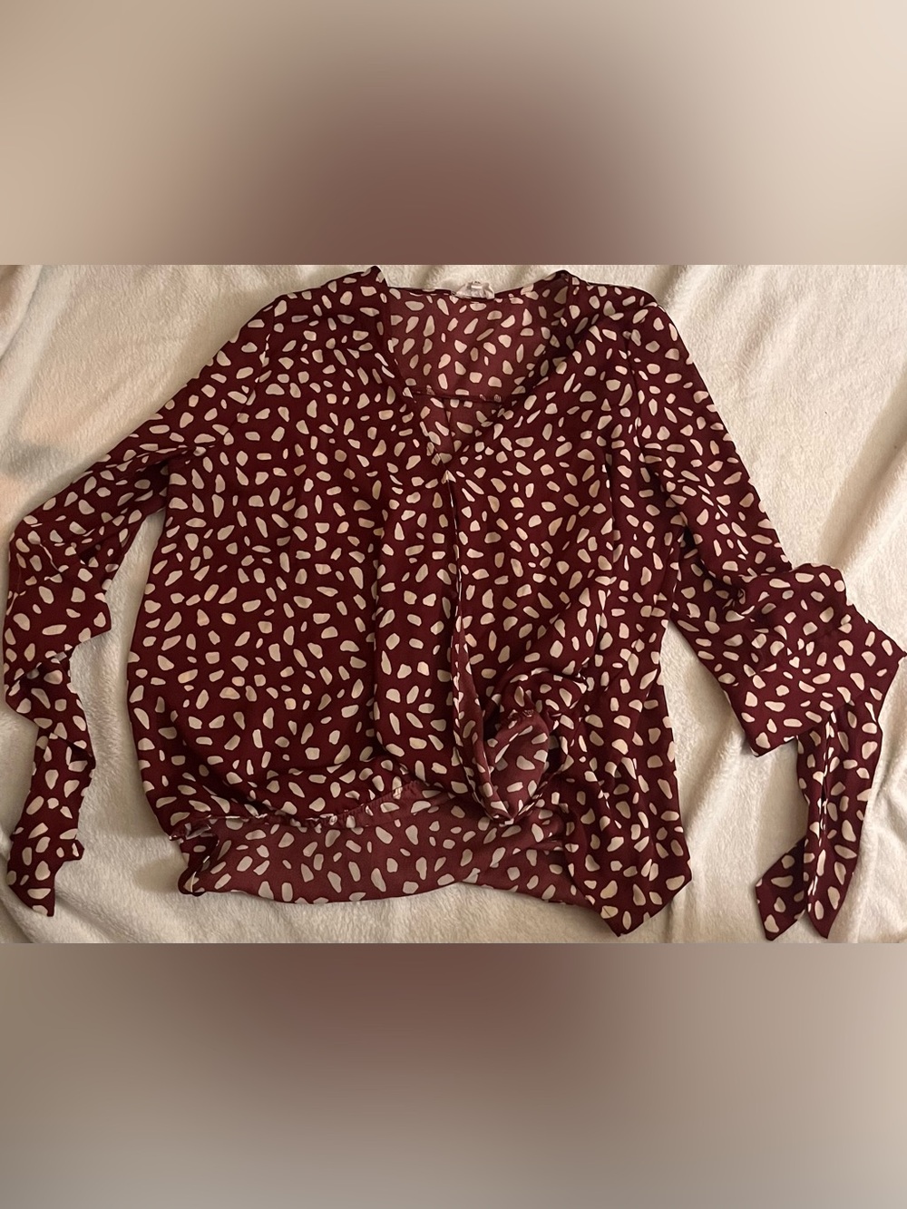 V-Neck Burgundy Dot Tie-Front Blouse
